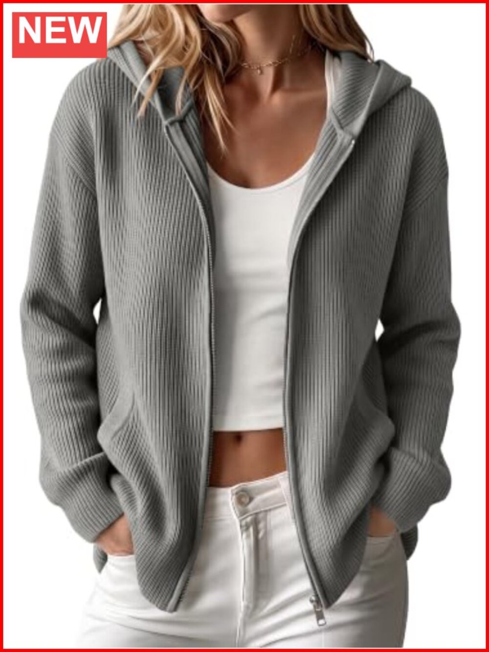 Women's Hooded Zip Up Cardigan Long Sleeve Knit Sweater with Pockets